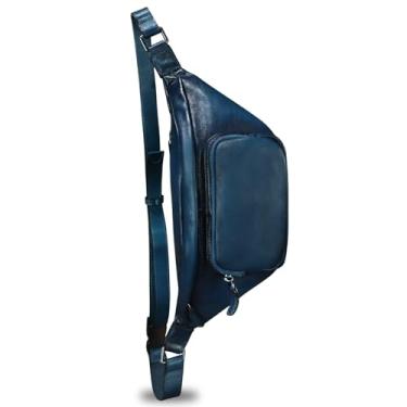 Imagem de Pochete de couro genuíno para mulheres e homens, bolsa tiracolo de couro verdadeiro, bolsa de cintura moderna, bolsa de peito, Azul, Vintage