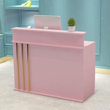 Imagem de Mesa de recepção com gaveta de bloqueio e bandeja de teclado - Mesa de balcão frontal de madeira para loja de roupas, salão de beleza, lobby - Acabamento rosa elegante (60 cm)