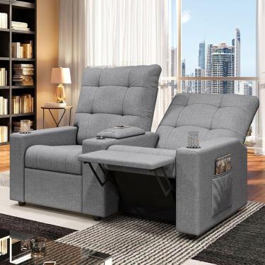 Imagem de Poltrona Do Papai Reclinável Sala De Cinema 2 Lugares Manual Baú Usb Linho Cinza