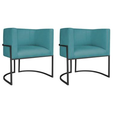 Imagem de Kit 02 Poltronas Decorativas Luna Base De Ferro Preto Suede Azul Turquesa