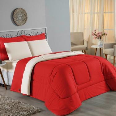 Imagem de Kit Edredom Dupla Face + Jogo De Lençol King Nobre 7 Peças Malha 100% Algodão - Vermelho / Palha