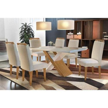 Imagem de Sala De Jantar Completa Tampo Madeirado C/ Vidro Canto Reto 6 Cadeiras Athenas Imbuia/Veludo Creme