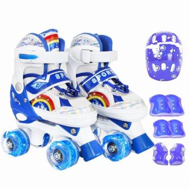Imagem de Patins Infantil 4 Rodas Ajustável Rodinha Led Arco Iris Kit Proteção C