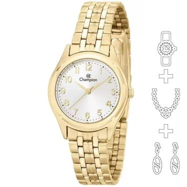Imagem de Relógio Champion Kit Feminino Dourado Pequeno Ch25972w