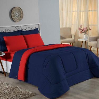 Imagem de Kit Edredom Dupla Face + Jogo De Lençol King Nobre 7 Peças Malha 100% Algodão - Azul-marinho / Vermelho