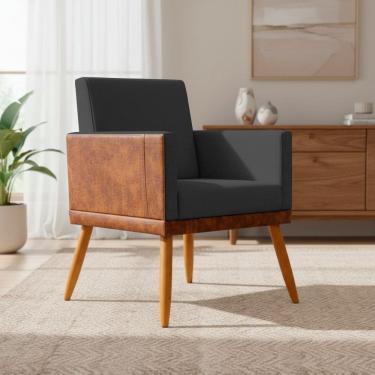 Imagem de Poltrona Decorativa Lis Para Sala Quarto Recepção Linho Corino Assento Confortável Pé Palito Castanho