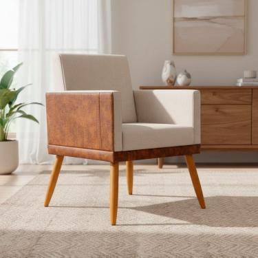 Imagem de Poltrona Decorativa Lis Para Sala Quarto Recepção Linho Corino Assento Confortável Pé Palito Castanho