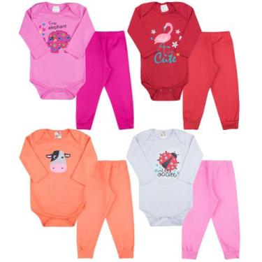Imagem de Kit Body Bebê Estampado Manga Longa e Calça Mijão com 8 Peças para Beb