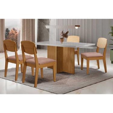 Imagem de Conjunto: Mesa de Cozinha Berlim Curvo 120cm + 4 Cadeiras Havana Naturale/Off White - Linho Capuccino - Rufato