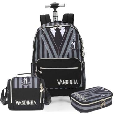 Imagem de Kit Wandinha Mochila de Rodas Lancheira Térmica e Estojo Box, Preto