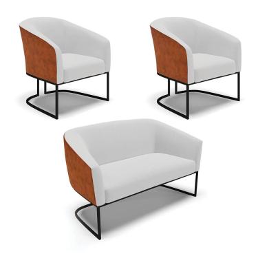 Imagem de Namoradeira E 2 Poltronas Stella Couro Sintético E Linho Preto Cinza Marrom D'Rossi