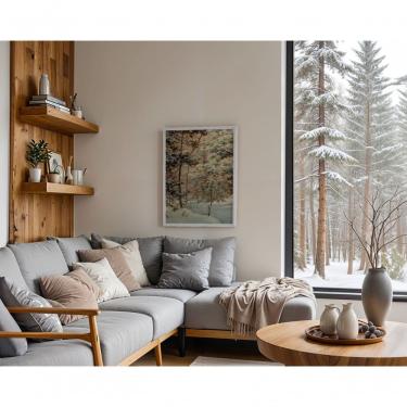 Imagem de Quadro Decorativo Bosque Congelado Retangular 70x50CM em Canvas com Vidro Moldura Madeira Amadeirado