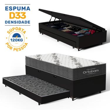 Imagem de Cama Box Baú com Colchão de Espuma D33 Ortopédico Ortobom Airtech 100 + Auxiliar Unique Solteiro 88cm