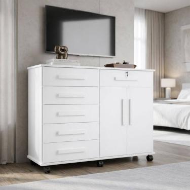 Imagem de Cômoda Gran Luxo Multiuso com 6 Gavetas Amplas Rodízios Porta Televisão e Sapateira Dupla - Branco