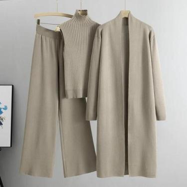 Imagem de Conjunto De Moda Feminina Vintage De Tricô Em 3 Peças, Cardigan E Calç