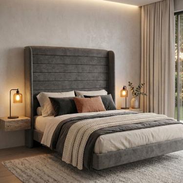 Imagem de Cabeceira Cama Casal Duna 140cm Orgânica Curva Bouclê Cinza - Montanari`s Decor