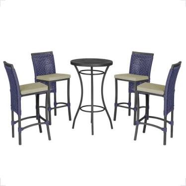Imagem de Mesa Bistrô e 4 Banquetas Roma Preta Corda Náutica Estofado 7 Trama Or