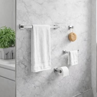 Imagem de Kit Acessórios Banheiro Inox 304 Quadrado Luxo 4 Peças Cromado - Branc