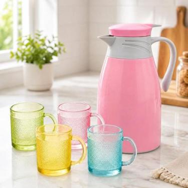 Imagem de Conjunto Garrafa Térmica 190mL E 4 Canecas Vidros - Rosa - FRATELLI