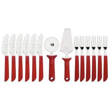 Imagem de Kit Pizza 14 Peças Lâminas Aço Inox Cabos Polipropileno Compatível Máquina Lavar Louças Vermelho Tramontina