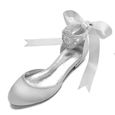 Imagem de Naturl Sapatos de casamento para bailarinas femininas sapatilhas de cetim sapatos de festa nupcial com fita de strass 36-44,Silver,8 UK/41 EU