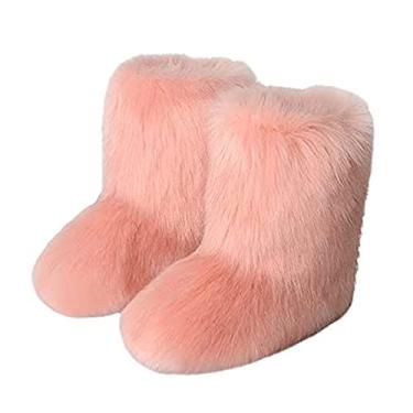 Imagem de TangDao Botas coloridas de pele sintética para mulheres, felpudo, felpudo, bico redondo, camurça, inverno, confortável, pelúcia, quente, curto, botas de neve, botas de cano médio para