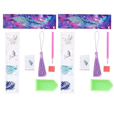 Imagem de Conjunto de 2 marcadores de livro de diamante, efeito 5D, pintura faça você mesmo, cristal, forma extravagante, artesanato redondo com padrão de penas