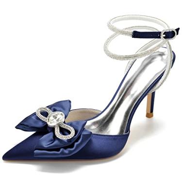Imagem de Sapatos femininos de noiva com nó de strass salto de casamento vestido de festa sapatos estilosos 8,5 cm, Azul-escuro, 9