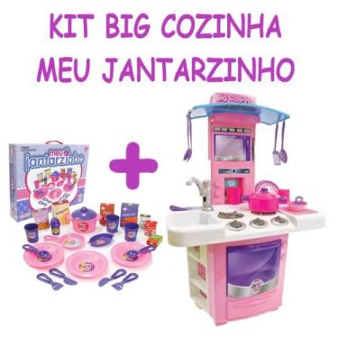 Imagem de Cozinha Infantil Rosa Com Pia Fogão Forno Sai Água + Jantar - Big Star