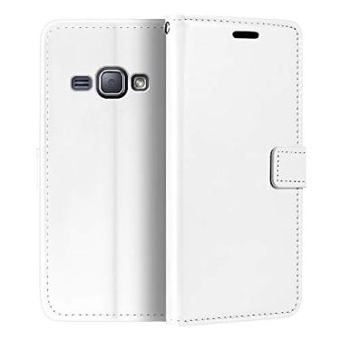 Imagem de Capa para Samsung Galaxy J1 6 Duos LTE, capa flip magnética de couro PU premium com suporte para cartão e suporte para Samsung Galaxy J1 4G (4,5 polegadas) branca