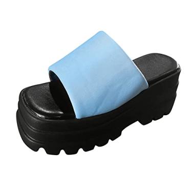 Imagem de Sandálias femininas estilo de vida ao ar livre moda feminina verão cor sólida pano aberto plataforma sola grossa sandálias (azul celeste, 8)