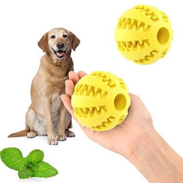 Imagem de Bola de brinquedo para cachorro, bola de brinquedo não tóxica e resistente a mordidas para cães de estimação Filhote de cachorro Gato, comida de cachorro para animais de estimação Alimentador para mastigar bola de limpeza de dente（amarelo）