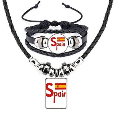 Imagem de Conjunto de joias de pulseira de couro com estampa vermelha da bandeira nacional da Espanha