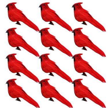 Imagem de 12 pcs artificial vermelho cardinal pássaros com clip-5.0 polegadas de Natal Cardinal Birds clipe para decorações de enfeites de árvore de Natal, artes e ofícios (barata preta)