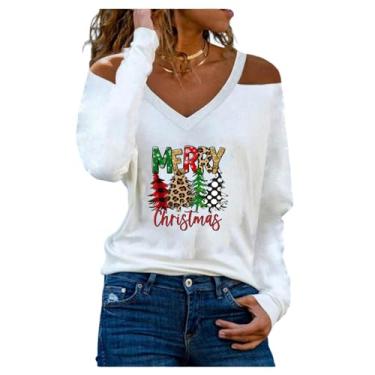 Imagem de T-shirt De Natal Feminina Fora Do Ombro, Letra De Árvore De Natal, Impressão Vad E Camisetas De