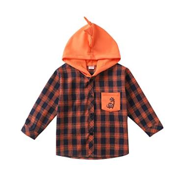 Imagem de Camisa térmica infantil infantil meninos manga longa estampa xadrez blusa casaco moletom com capuz conjunto de roupas para crianças, Laranja, 4-5T