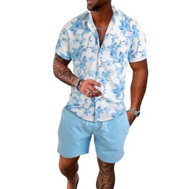 Imagem de Floerns Conjunto masculino de duas peças, camisa estampada e shorts de cintura com cordão, Azul e branco floral, P