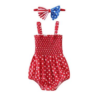 Imagem de Macaquinho infantil sem mangas Dia da Independência com estampa de estrelas para recém-nascidos com faixa de cabeça para bebê, 2 peças, Vermelho, 9-12 Months