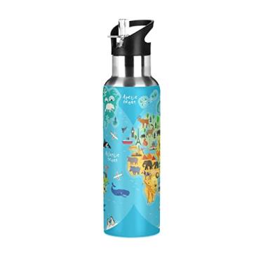 Imagem de Garrafa térmica infantil de mapa do mundo animal com tampa de palha, linda garrafa de água de aço inoxidável com isolamento azul para esportes ao ar livre escolar, à prova de vazamento, 590 ml