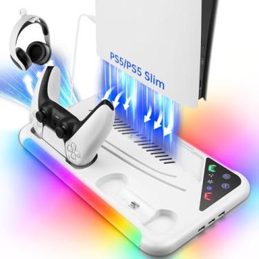 Imagem de TECTINTER Suporte fino para PS5 com estação de resfriamento e estação de carregamento de controle para console PS5 Slim Disc/Digital, branco