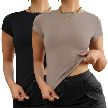 Imagem de AKEWEI Camisetas femininas curtas de manga comprida, pacote com 2, roupas básicas para o outono, AA - preto e marrom rosa, M