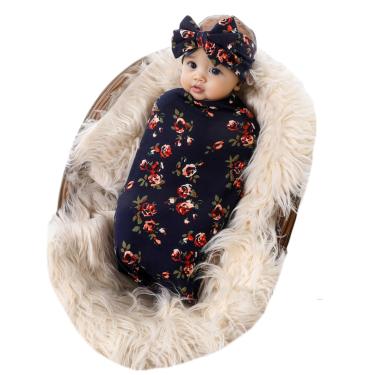 Imagem de Galabloomer Conjunto de faixa de cabeça para bebês com estampa de flores e cobertores para bebês (azul-marinho 9)