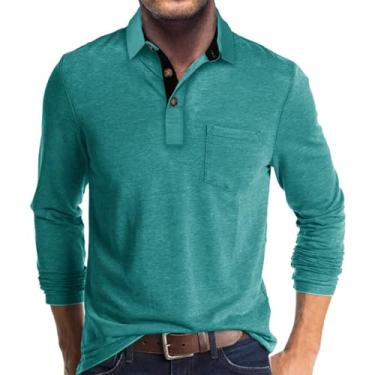 Imagem de Camisas polo casuais masculinas clássicas botão básico manga longa cor sólida camisetas de algodão elegantes tops, Verde claro, 3G
