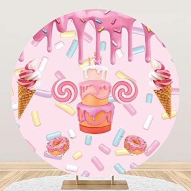 Imagem de Yeele Capa redonda de 2,3 x 2,3 m, doce, doce, rosa, rosquinhas, sorvete, bolo, pirulito, colorido, confetes, fotografia circular, fundo para decoração de mesa