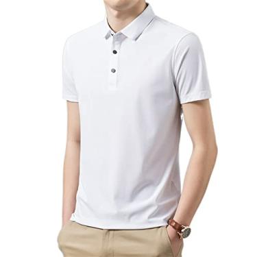 Imagem de Polos de golfe masculinos poliéster cor sólida camisa camisa regular ajuste estiramento leve secagem rápida atlético respirável(Color:White,Size:S)