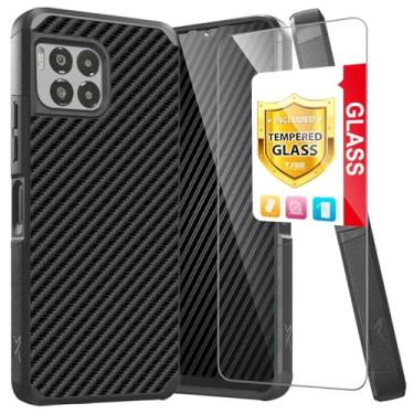 Imagem de TJS Capa compatível com T-Mobile Revvl 7 Pro 5G, com protetor de tela de vidro temperado, suporte magnético híbrido de camada dupla, à prova de choque, capa resistente (fibra de carbono)