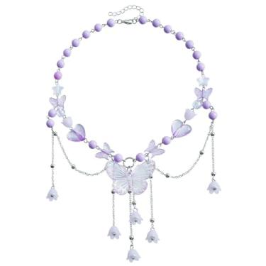 Imagem de Y2K Colar gargantilha de borboleta rosa/roxa imitação de pérola acrílica amor coração com contas colar colar tulipa flor borlas colar pingente colar para mulheres meninas festa formatura, Zinco, Sem