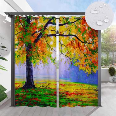 Imagem de Cortinas externas impressas à prova d'água, cortinas externas para pérgula com ilhó, padrão de paisagem florestal, cortinas blackout com isolamento térmico para gazebo, 2 painéis,#F,W52"xH94