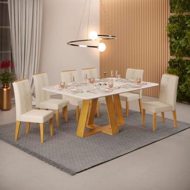 Imagem de Conjunto Sala de Jantar 6 Cadeiras Tampo Sem Vidro 170x90 Dj Móveis Kiara Cedro Quartzo Yasmin Linho Neve