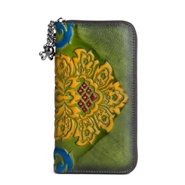Imagem de AEGGEAI Carteira longa feminina vintage em relevo estilo étnico porta-cartões de couro genuíno clutch grande capacidade multi bolso bolsa, Verde, Estilo retrô